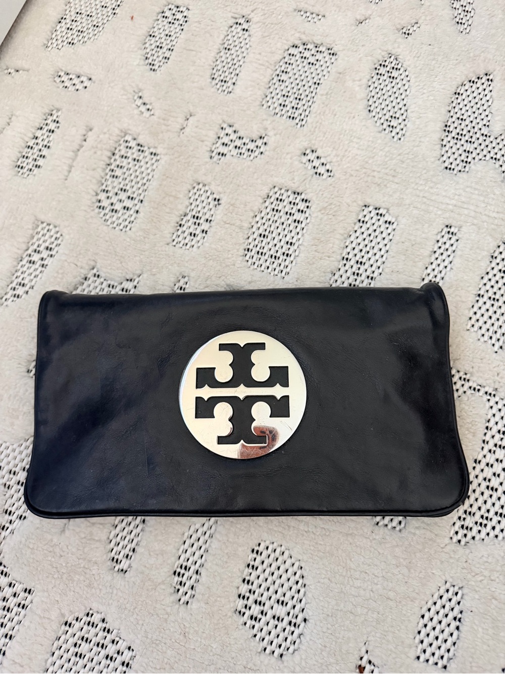 Tory Burch Black Leather Clutch with Silver-Cream Logo